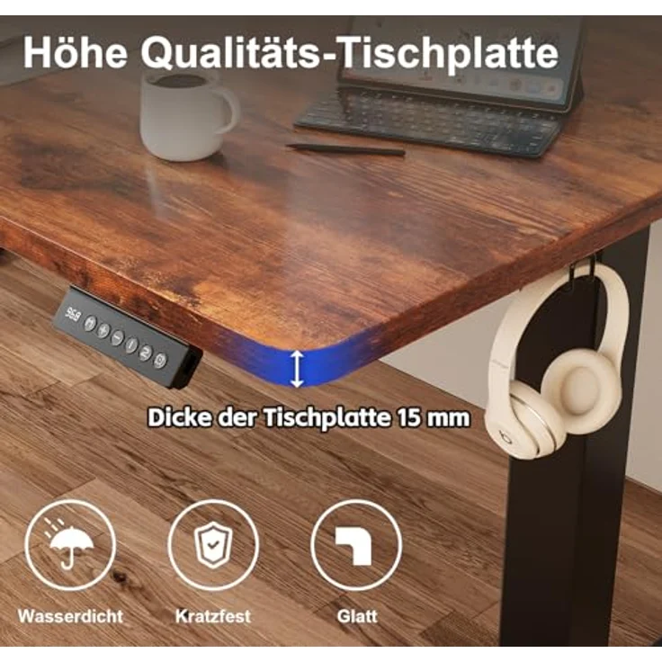 JUMMICO Schreibtisch elektrisch höhenverstellbar mit Memory-Funktion, Braun, 140x60 cm – Bild 7