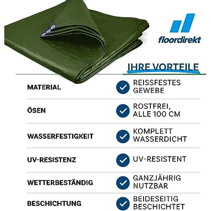 Floordirekt Abdeckplane | Gewebeplane | Schutzplane | Bootsplane | Zeltunterlage für Camping & Outdoor | Garten | wasserdichte Planemit Ösen | Bauplane 3x5 m, 15m², 240 g/m², Grün – Bild 5