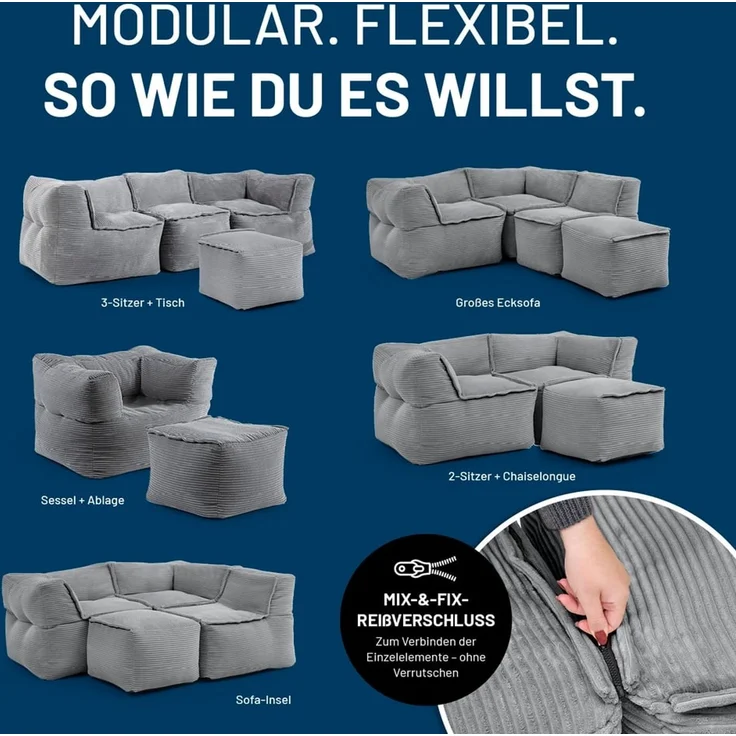 Lumaland Sitzsack-Sofa, Polyester, Pouf, Cord - Grau, 40 x 54 x 54 cm – Bild 4