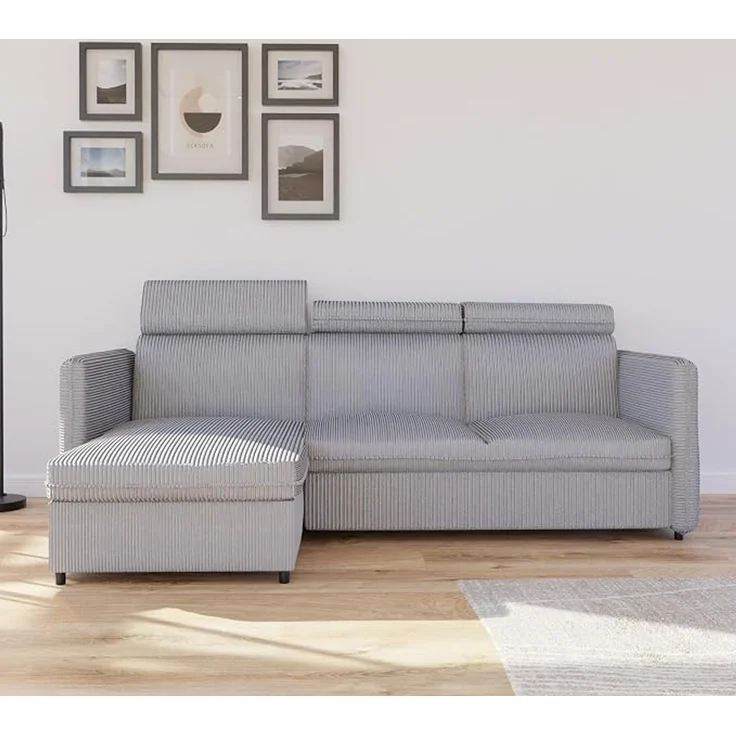 Graues Eckschlafsofa (220 x 160 cm) mit Bettkasten, Schlaffunktion und verstellbaren Kopfstützen – Bild 4
