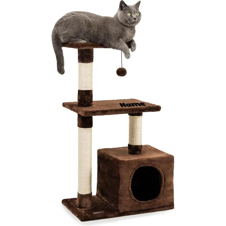 lionto Kratzbaum für Katzen mit Höhle und Plüschball inkl. Glöckchen, Höhe 85 cm, Katzenbaum mit Sisal & Plüsch, gemütliche Liegeflächen & Höhle, für kleine & große Katzen, braun (Namensaufdruck)