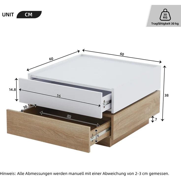 Merax Funktionaler Couchtisch für das Wohnzimmer, 360° drehbar, drehbare Tischplatte mit 2 Ablagen und Stauraum, Gestell Wohnzimmerbeistelltisch, 60*60*38 cm, weiß+walnuss – Bild 4
