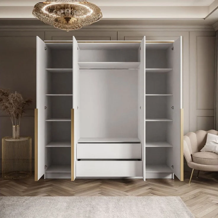 Lookway Kleiderschrank AURORA 4D in Hochglanz Weiß Drehtürenschrank mit Spiegel – Bild 3