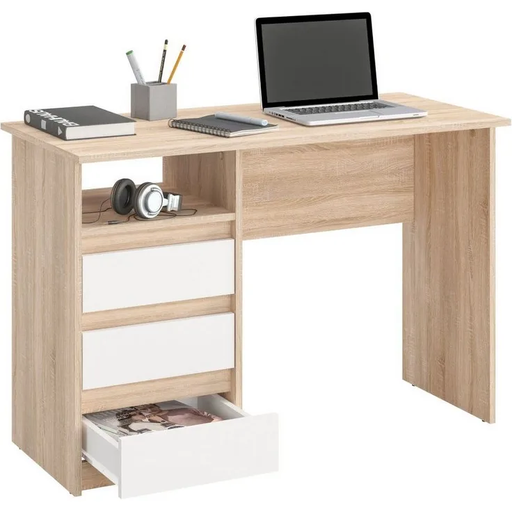 KOMTO Schreibtisch mit Schubladen - Bürotisch Computertisch Klein Arbeitstisch Büro PC-Tisch mit Stauraum | Moderner Schreibtisch Sonoma Eiche + Weiß | Oslo 110 x 50 x 74 cm