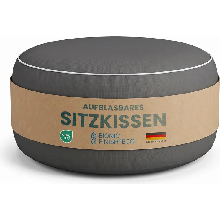 Sitzpouf - Indoor/Outdoor - Sitzkissen Ø54 cm x 26 cm - wasserabweisend ( Lotusblüteneffekt ) - Platzsparend / Innovativ - Innenkissen aufblasbar - Belastbar bis 100kg Anthrazit