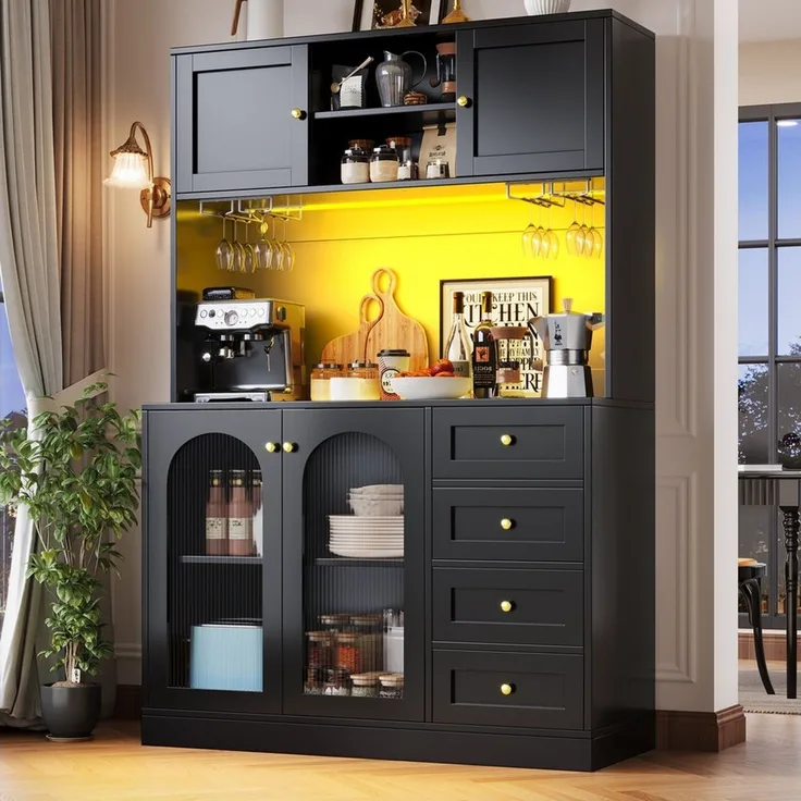 Odikalo Küchenbuffet Küchenschrank Buffetschrank mit LED-Lichtleiste & Getränkehaltern (120 x 40 x 188 cm, Landhausstil, 4 Türen, Schwarz/Weiß)
