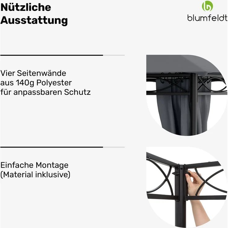 Blumfeldt Mondo - Pergola Partyzelt Gartenzelt Gazebo, Größe: 2,95 x 2,6 x 2,95 m (BxHxT), 4 Seitenteile, EasyMount Concept, Witterungsschutz: UV / Wind / Regen, dunkelgrau – Bild 10