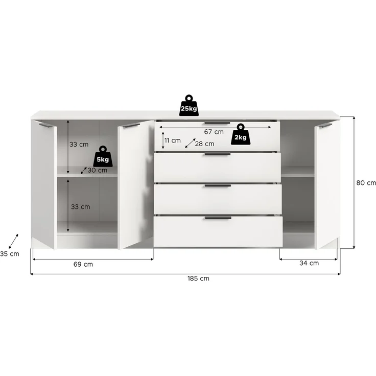 Kommode (B/H/T: 185x80x35 cm) in weiß – Bild 4
