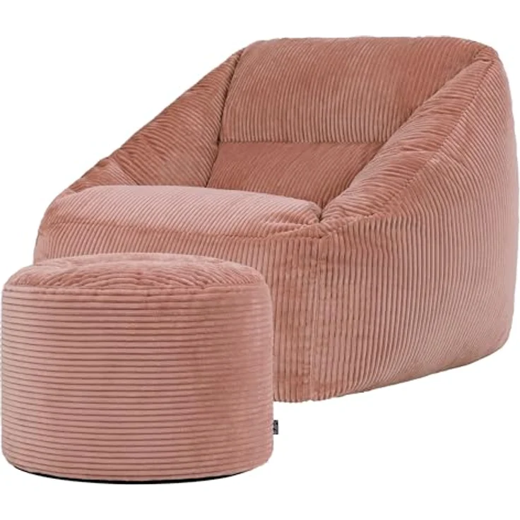 Icon Natalia Sitzsack Sessel mit Hocker für Erwachsene, Rosa, Flauschiger Cord Stoff, Riesen Sitzsack Cord mit Füllung, Bean Bag Chair, Bequemer Sessel Wohnzimmer, Lounge, Schlafzimmer, Büro – Bild 8