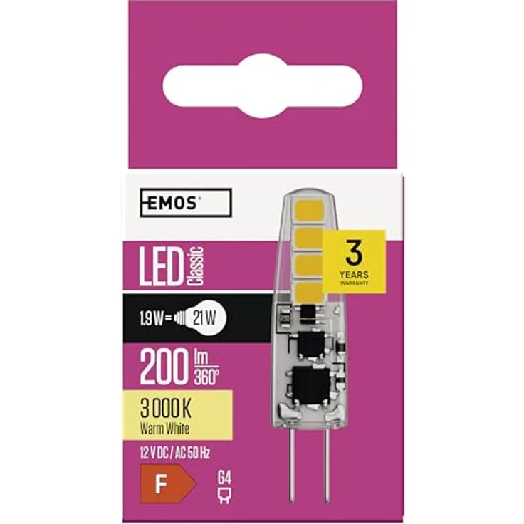 EMOS G4 LED Lampe, 1,9 W, ersetzt 21 W Glühbirne, warmweiß 3000 K, 200 lm, 300° Abstrahlwinkel, 30000 h Lebensdauer