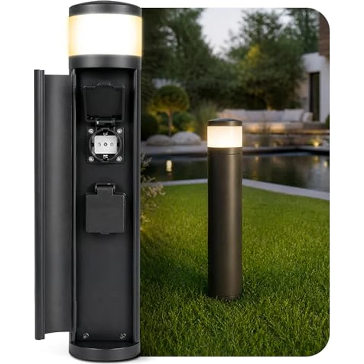 SSC-LUXon PALISO Energiesäule, schwarze Pollerleuchte mit 2 geschützten Steckdosen und G9 3W LED warmweiß, IP44, Ø 90 x 460 mm – Bild 1
