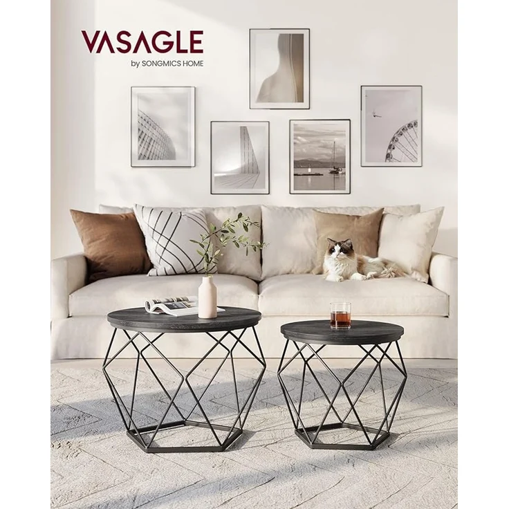 Vasagle Couchtisch rund, 2er Set mit abnehmbarer Tischplatte, tintenschwarz, 60 x 60 x 45 cm – Bild 4
