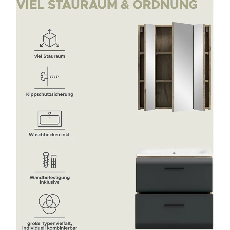 Badkombination (B/H/T: 60x185x46 cm) in schwarz matt und Nox Oak Nachbildung – Bild 9