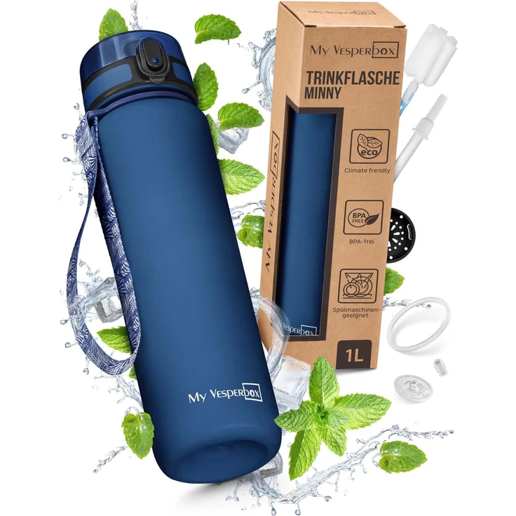 My Vesperbox Minny Kinder-Trinkflasche 750ml – Auslaufsicher & BPA-frei – inkl. Ersatzdichtung, Reinigungsbürste, Fruchtsieb & optionalem Strohhalm – Ideal für Schule, Kindergarten & Sport