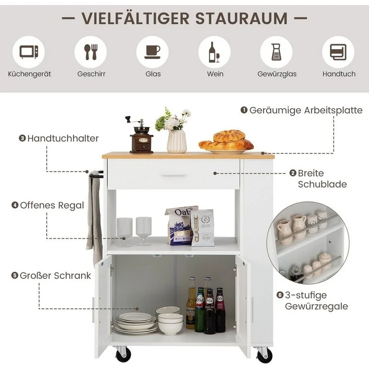 COSTWAY Küchenwagen, mit Arbeitsplatte, 3 Gewürzregalen & Schublade, rollbar – Bild 3
