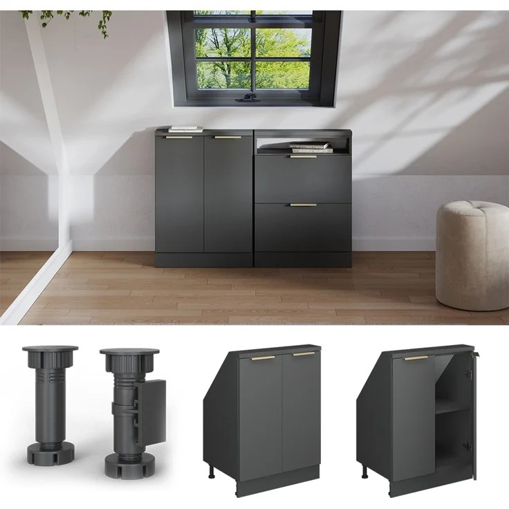 Küchenschrank für Dachschrägen R-Line Anthrazit-Gold 60 cm mit 2 Türen Vicco – Bild 4