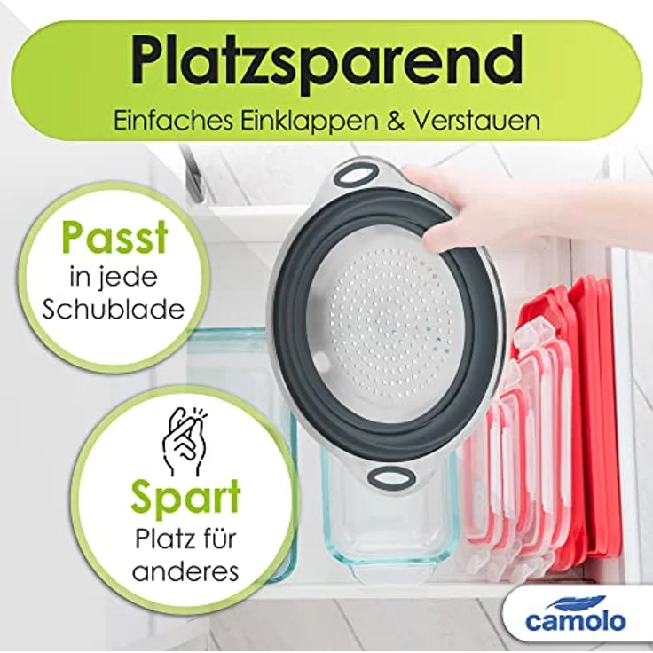 Camolo Nudelsieb Abtropfsieb Sieb Küchensieb Faltbar Klappbar, Silikon, Edelstahl – Bild 6