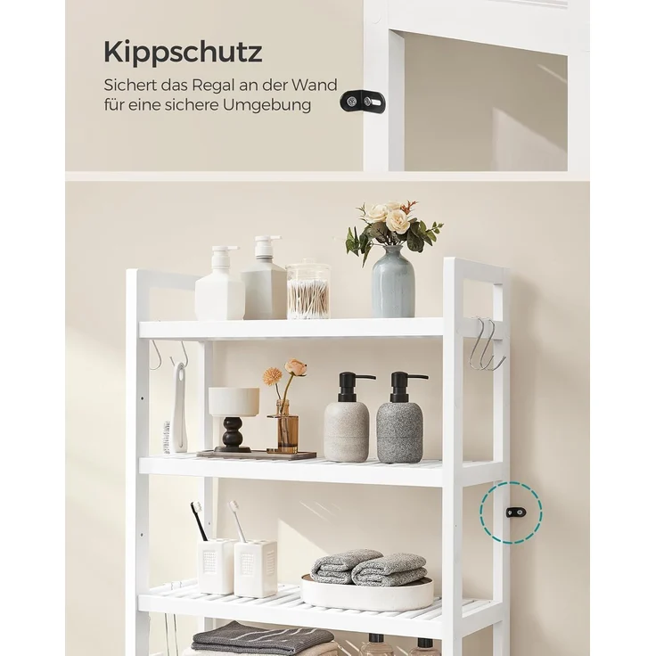 Songmics 4-stöckiges Toilettenregal, verstellbare Ablagen, Bambus wolkenweiß, 185 x 26 x 63 cm – Bild 6