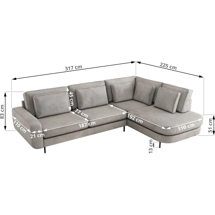 CALENO L-Form Ecksofa 317x225 cm, Massivholz-Rahmen & Wellenfedern, Sitzhöhe 51 cm, modernes Polstersofa rückenecht bezogen & freistehend - Hellgrau Velvet - Rechts Seite – Bild 8