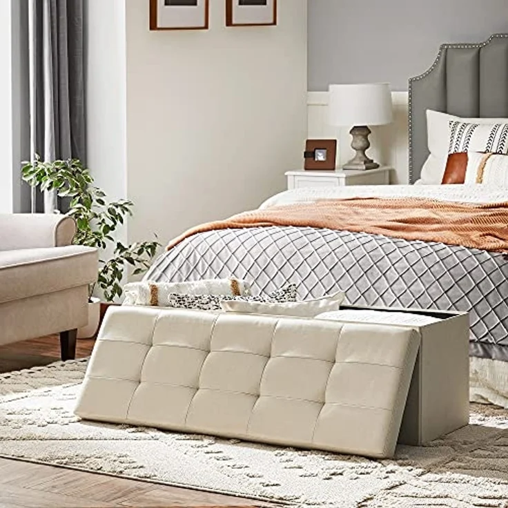 Sitzbank mit Stauraum, 110 cm, klappbare Sitztruhe, Aufbewahrungsbox, Fußbank, Beige – Bild 4
