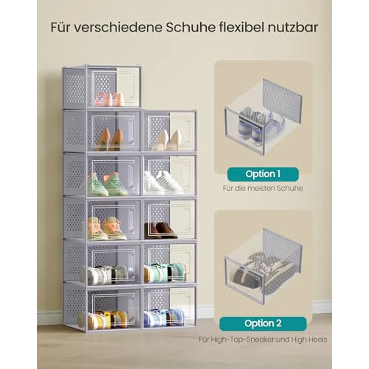 SONGMICS Schuhboxen, 18er Set, Schuh-Organizer aus Kunststoff, faltbar und stapelbar, für Schuhe bis Größe 46, transparent-grau LSP007G18 – Bild 5