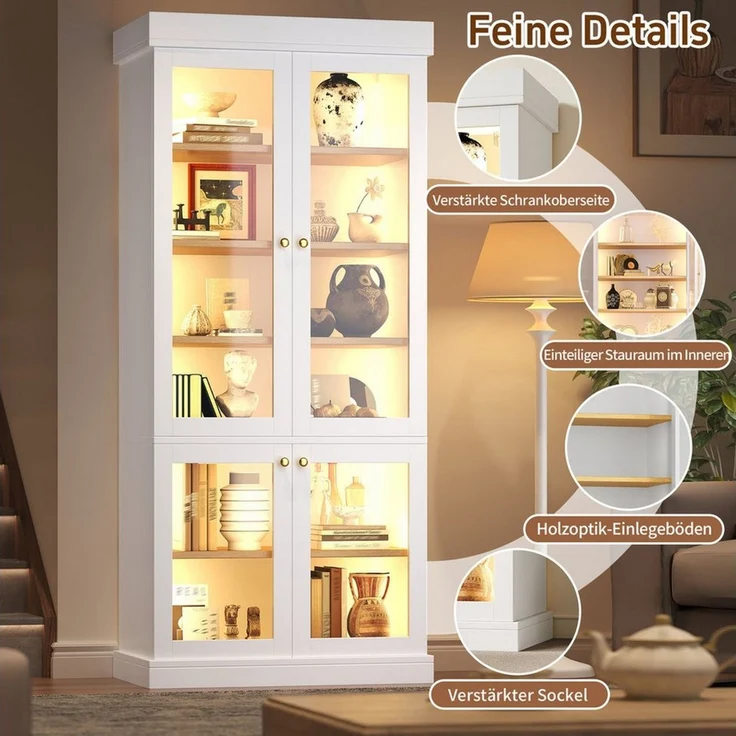 Odikalo Vitrine Vitrineschrank Glasvitrine mit LED (durchdachter Innenaufteilung und Kippschutz, stabil, sicher und vielseitig für Zuhause) 160×40×180cm – Bild 3
