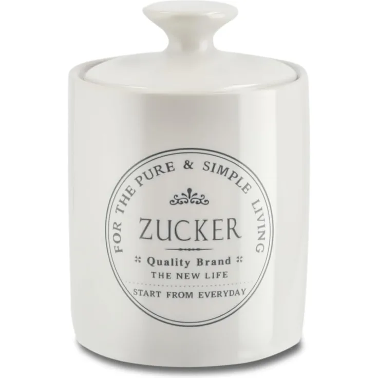 KHG Zuckerdose für ca. 100g Würfelzucker, Zuckerdose weiß mit Deckel, Zuckerwürfel-Behälter aus Keramik Steingut, Zuckerwürfeldose 7,4cm ∅ & Höhe 10,5cm