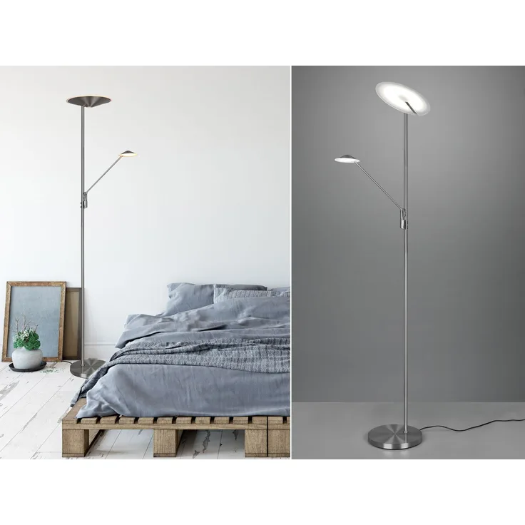 LED Deckenfluter BRANTFORD Silber schwenkbar mit Lesearm, Höhe 180cm