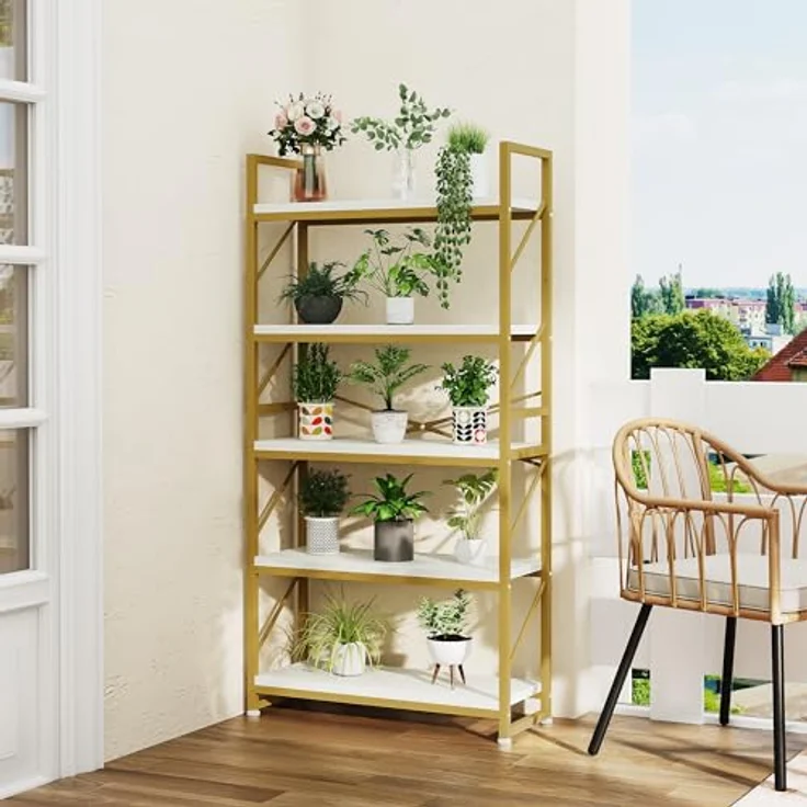YITAHOME Bücherregal mit 5 Ebenen, Großes Standregal, Holzregal und Metallrahmen, Industrieregal, Bodenstehendes Lagerregal, für Wohnzimmer, Home Office, Gold Regal – Bild 7