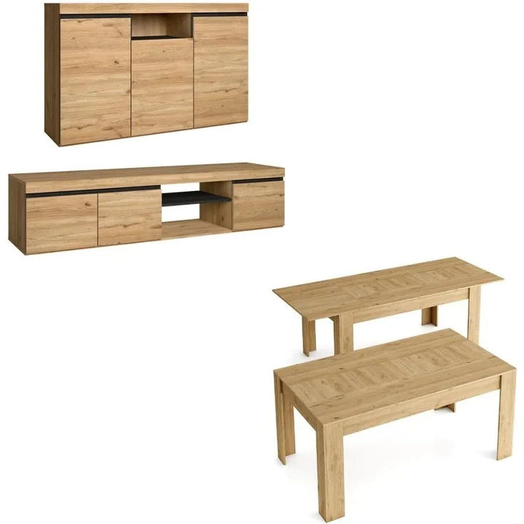 Skraut Home | Wohnzimmermöbel | natürliches Modell | Sideboard, TV-Möbel, Couchtisch und ausziehbarer Esstisch | nordischer Stil | Eiche und Schwarz