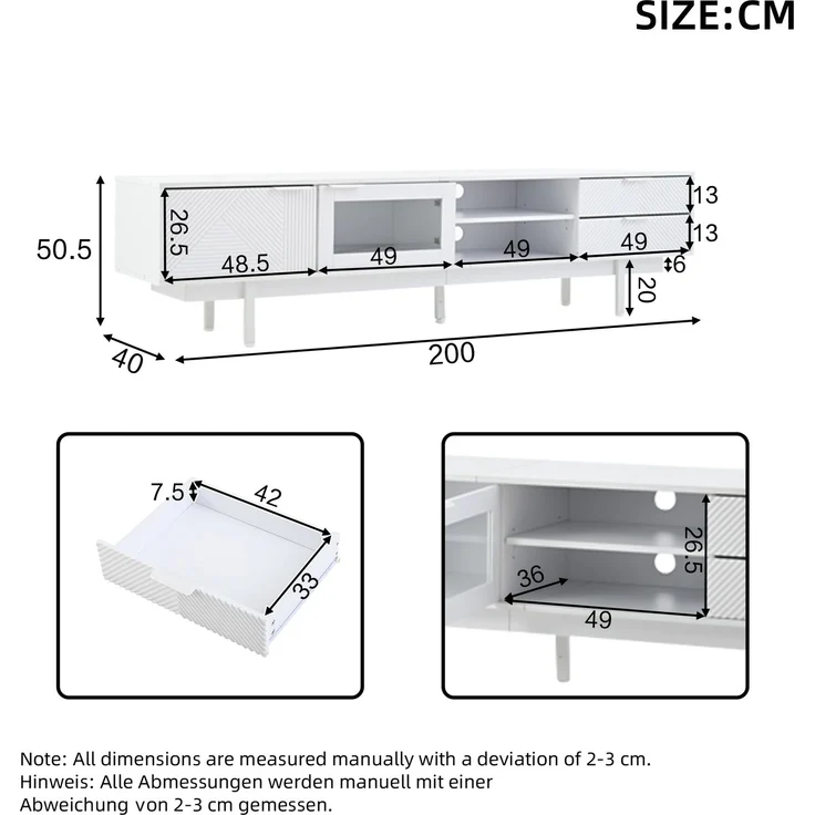 TV-Schrank Weiß 200 x 40 x 50,5 cm, modernes Lowboard für 80-Zoll Fernseher, Sideboard mit 2 Türen 2 Schubladen, 3-Schicht-Ablage – Bild 8