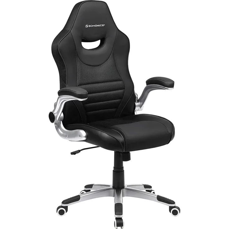 Songmics Bürostuhl, ergonomischer Drehstuhl, Gamingstuhl mit hochklappbaren Armlehnen, Computerstuhl, Nylon-Sternfuß, max. statische Belastbarkeit 150 kg, fürs Büro, schwarz OBG63BK