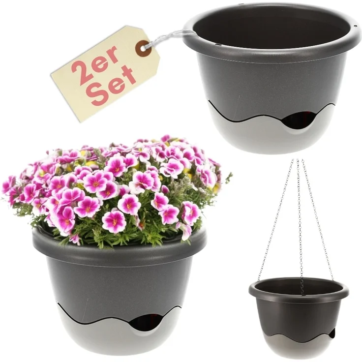 GarPet Blumentopf 2er Set Blumentopf Hängeampel Blumenampel inkl. Kette 30 cm anthrazit – Bild 1
