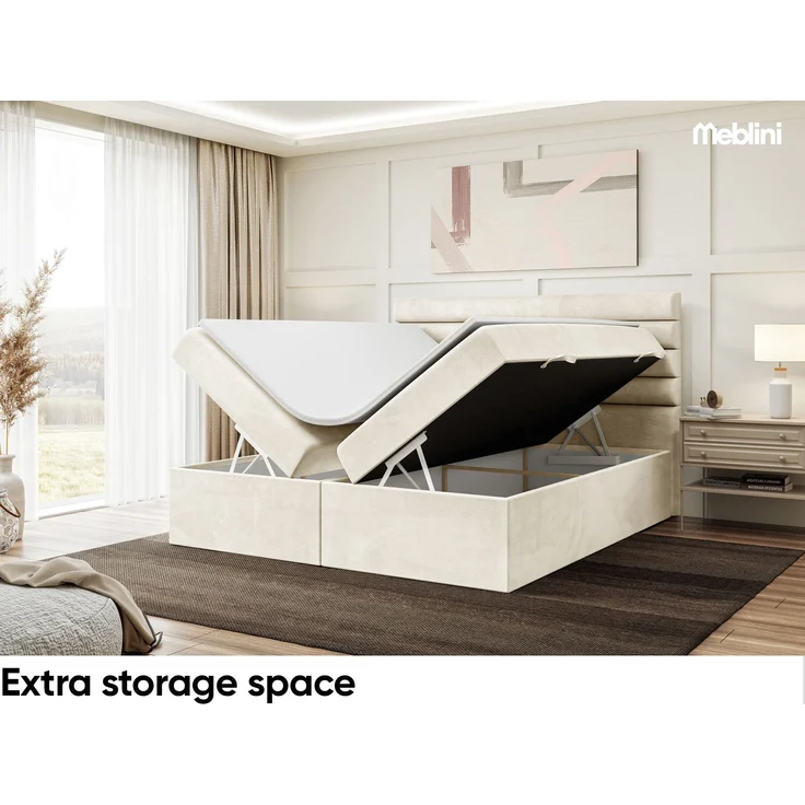 MEBLINI Boxspringbett KARIM 200x200 cm mit Bettkasten - H3/Creme Samt Polsterbett - Doppelbett mit Topper & Taschenfederkern-Matratze – Bild 3