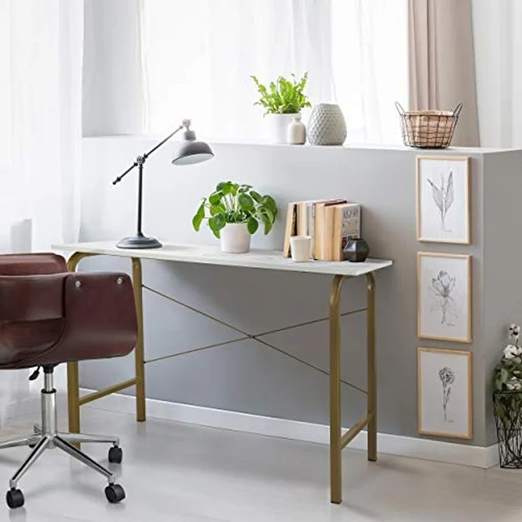 Teamson Home 40″ Bella Moderner Computertisch aus Holz für das Heimbüro, Arbeitszimmer, Schreibtisch oder Beistelltisch mit Weißer Marmorplatte und Messingrahmen – Bild 4