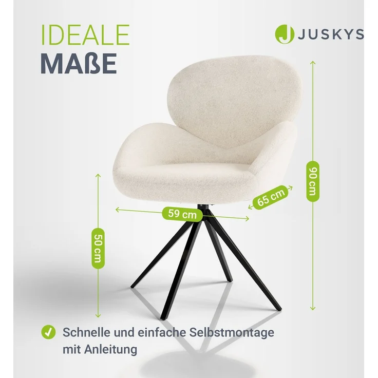 Juskys Drehstuhl Albano - Bouclé - 360° drehbar & gepolstert, pflegeleichter Bezug, verstellbare Metallfüße, modern, für Esszimmer & Küche - Creme 2er Set – Bild 4