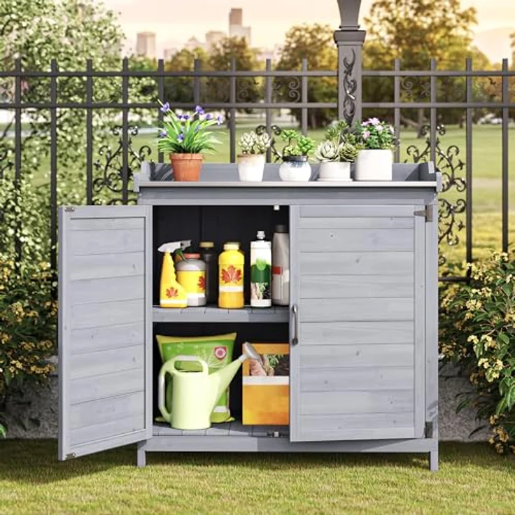 Bealife Pflanztisch mit Unterschrank, Gartenschrank mit Arbeitsplatte mit 1 Bewegbarer Einlegeboden für den Innen- und Außenbereich (Grau, 48T x 98B x 95H) – Bild 8