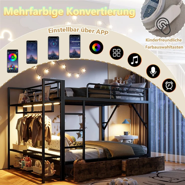 Etagenbett mit Schubladen, RGB LED-Streifen, Kleiderstange, Regal, Lattenrost und Leiter, 140x200 cm, Kinderbett mit Rausfallschutz, Metallbett – Bild 4