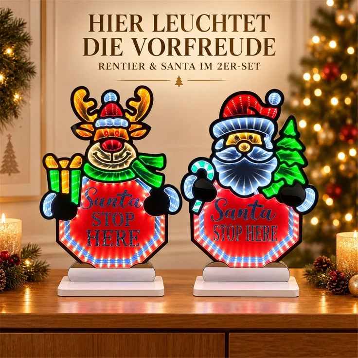 LED Infinity Spiegel 2er-Set Santa Stop Here, Rentier und Santa mit Timer – Bild 2