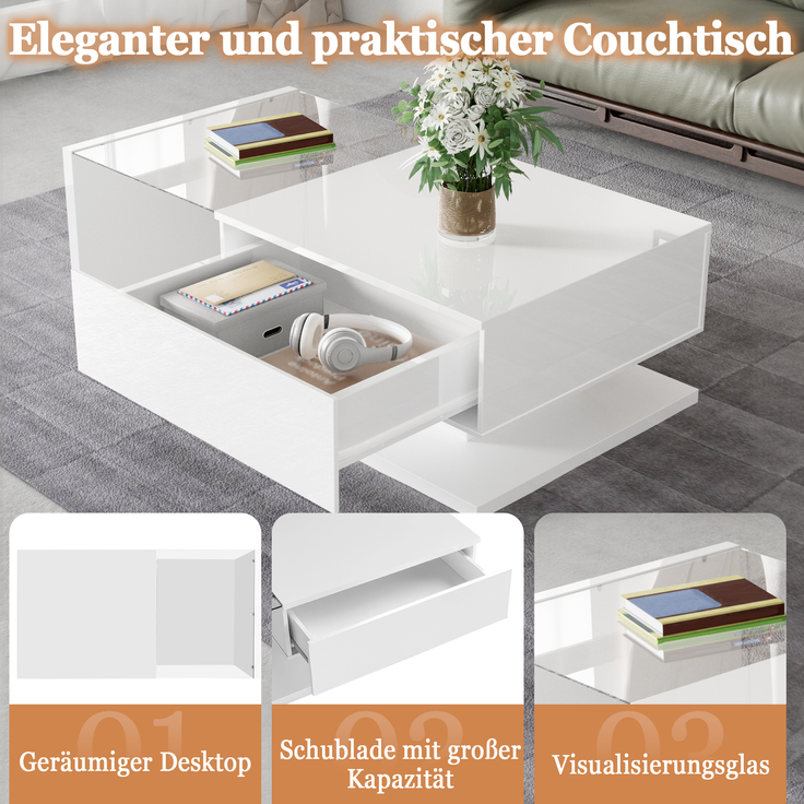 Couchtisch, Spanplatte mit Glasplatte & LED-Beleuchtung, 105x55x32,5 cm, Weiß Hochglanz – Bild 5