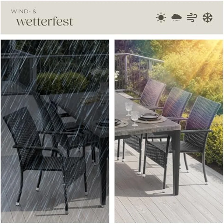 tectake Rattanstuhl Gartenstuhl Girona, stapelbar, Belastbarkeit 120 kg, 58 x 67 x 90 cm (Set, 2 St), Pulverbeschichtetes Stahlgestell für enorme Stabilität – Bild 8