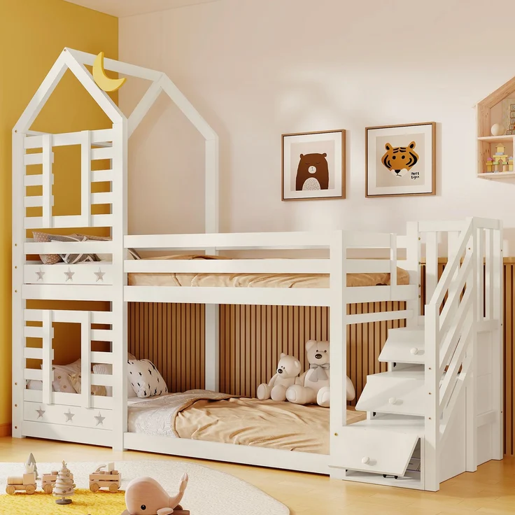 Etagenbett 90x200 cm mit Treppe und Stauraum, Sterne & Monde Design, Hausrahmen, Kiefer-Massivholz, Weiß, Kinderbett – Bild 5