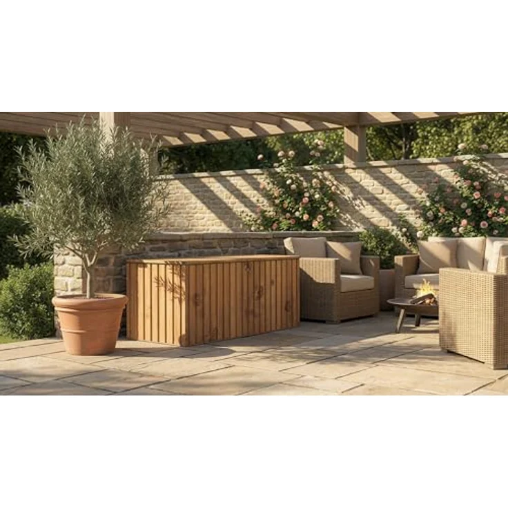 Duramax DH 1.9 (1450 L) Kissenbox aus Metall mit hydraulischer Gasdruckfeder und Vorhängeschlossöse, Terrassenbox und Gartenmöbelaufbewahrung für den Außenbereich, Holzmaserung – Bild 3