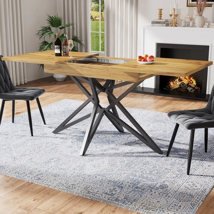 Ausziehbarer Esstisch 120 (160) x 80 cm, ausziehbarer Küchentisch, Frühstückstisch, sternförmige Tischbeine, schwarze Eisenbeine, Tischplatte aus Walnussholz/Marmorimitat – Bild 3