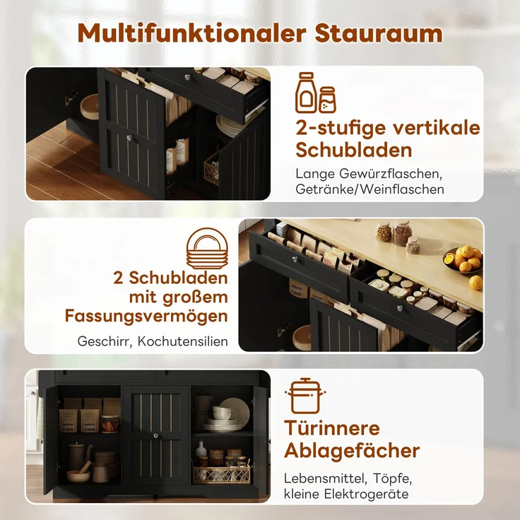 Merax Kücheninsel mit klappbarer Arbeitsplatte, Servierwagen und Aufbewahrungsschrank, mit 2-stufigen vertikalen Schubladen, 2 großen Schubladen und feststellbaren Rollen, Schwarz – Bild 6