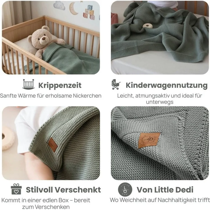 Babydecke Baby Strickdecke, %100 Bio Baumwolle, Atmungsaktiv 80x100cm Dunkelgrün, Little Dedi – Bild 3