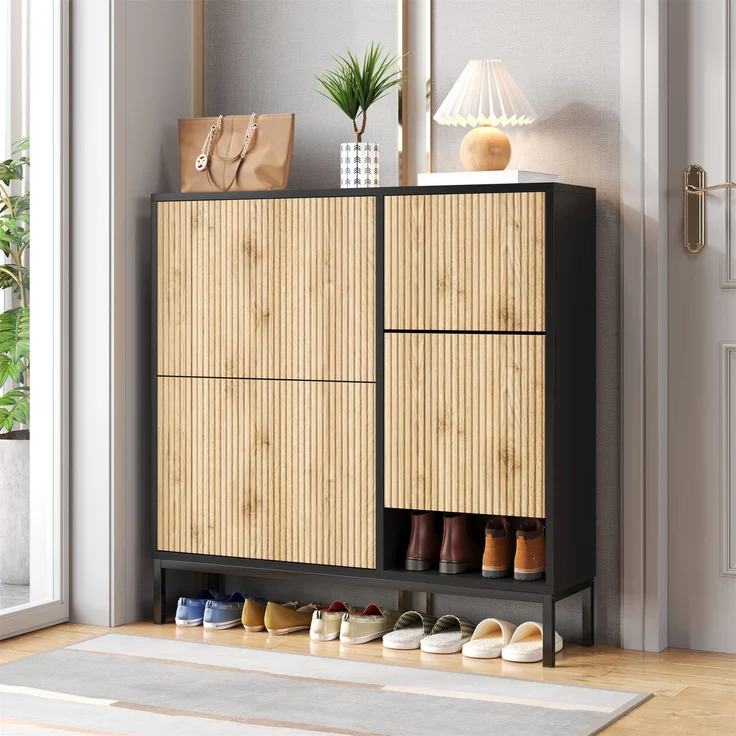 Schuhschrank aus MDF mit ausziehbarer Sitzbank & Klappen, 100x25x100 cm, Schwarz/Natur – Bild 2