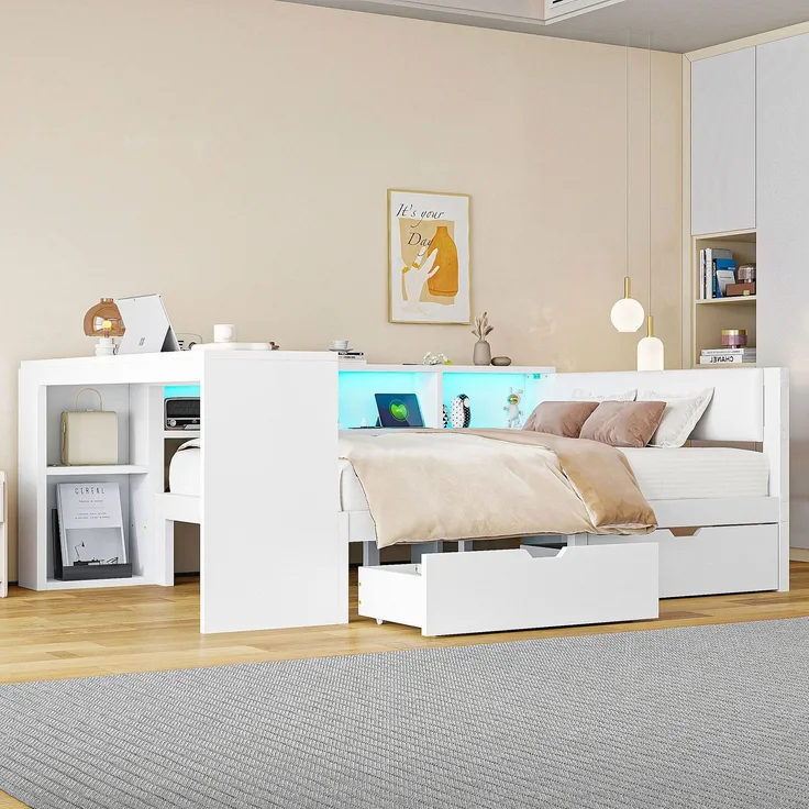 Holz-Plattformbett mit Ablageflächen Schubladen Ladestation und gepolstertem Kopfteil Mit bunten LED-Leuchten Weiß 140 x 200 cm