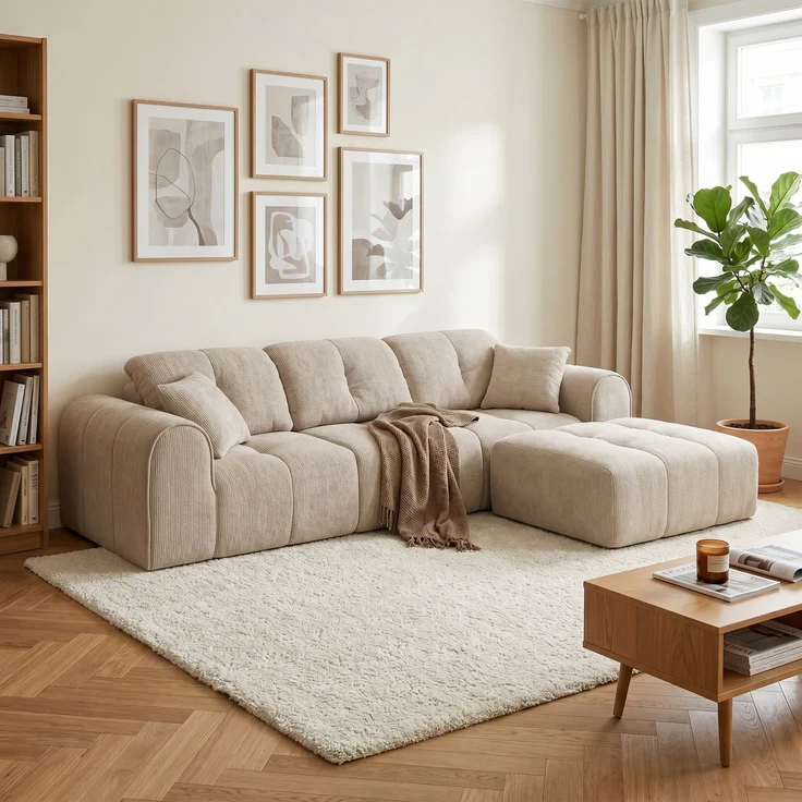 skølm 'Vanaheim' Sofa 3 Sitzer mit Hocker & 2 Kissen, Cloud Sofa beige, Chenille-Stoff, Vollschaumcouch mit Federkern und Vakuum-Kompression, kein Aufbau erforderlich – Bild 4