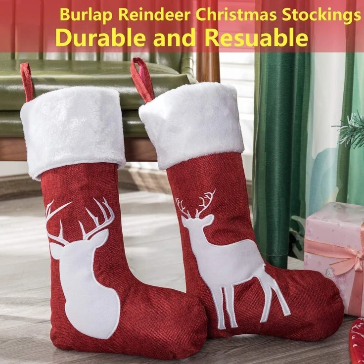 2 Stück Weihnachtsstrümpfe Rentiermuster 45x20CM groß rot – Bild 5